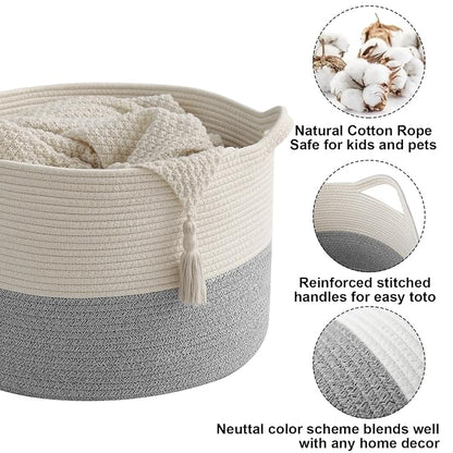 90L Extra Large Blanket Basket,Woven Rope Laundry Basket Hamper with Handles, Decorative Nursery Basket Storage Bin for Toys, Clothes Organizer, Living Room, Bedroom, Bathroom, White&Grey