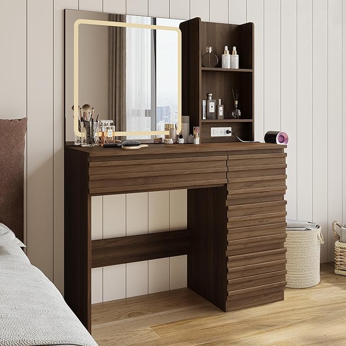 Fluted Vanity Desk with HD Mirror and Lights, Wood Makeup Vanity Table with 4 Drawers & Open Shelves, Mid Century Dressing Table Set with Charging Station, 3 Color Lighting Modes for Bedroom, Walnut