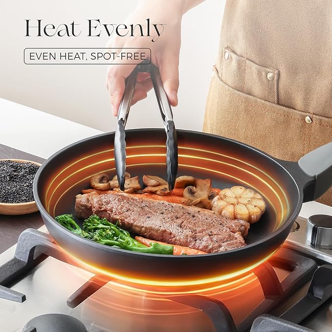 PRICUSIS Nonstick Frying Pan, 8/10/12 Inch Skillet with Stay Cool Handle, Fully Coated, Induction Compatible & Oven Safe, 100% Dishwasher Safe, PTFE & PFOA Free（10 Inch, Black Sesame）