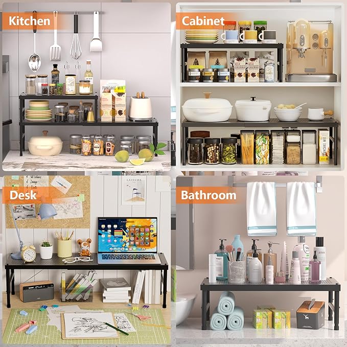 2 Pack Expandable adjustable stackable kitchen organizer,Spice Racks,Counter Shelf for Cabinets,Small Cupboard Organizers,Heavy Duty Metal Pantry Storage Shelves Racks for kitchen,cabinet, bathroom