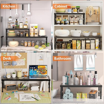 2 Pack Expandable adjustable stackable kitchen organizer,Spice Racks,Counter Shelf for Cabinets,Small Cupboard Organizers,Heavy Duty Metal Pantry Storage Shelves Racks for kitchen,cabinet, bathroom