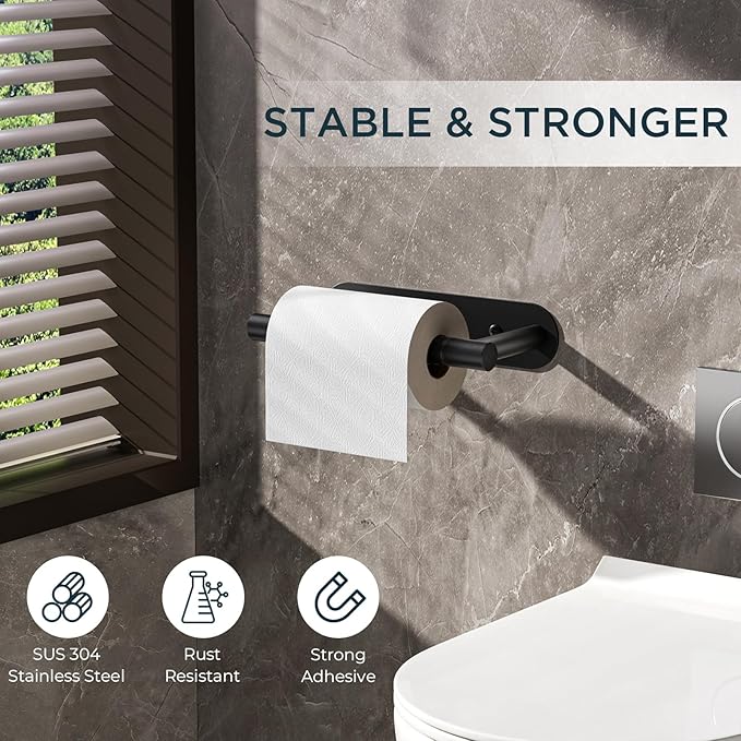 FORIOUS Toilet Paper Holder, Adhesive or Screw Wall Mount Pivoting Tissue Roll Holder for Bathroom, Stainless Steel Rustproof Self Adhesive Toilet Paper Roll Holder no Drilling, Matte Black