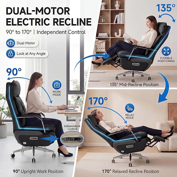 Dual Motor Executive Home Reclining Office Chair with Footrest - One-Click Electric Recline with Massage & Pillow Support Big and Tall PU Leather Ergonomic Desk Chair, High Back Wide Seat (Black)