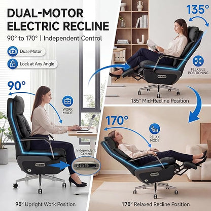 Dual Motor Executive Home Reclining Office Chair with Footrest - One-Click Electric Recline with Massage & Pillow Support Big and Tall PU Leather Ergonomic Desk Chair, High Back Wide Seat (Black)