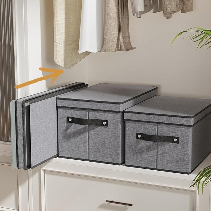 YheenLf Storage Bins with Lids and Handles, Storage Boxes for Organizing Shelves, Decorative Linen Closet Organizers, Gray, 16.5 x 11.8 x 10.2 Inch, 5-Pack