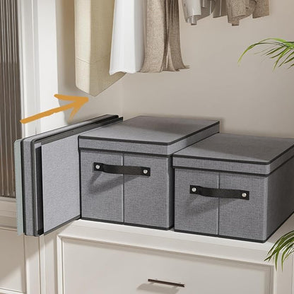 YheenLf Storage Bins with Lids and Handles, Storage Boxes for Organizing Shelves, Decorative Linen Closet Organizers, Gray, 16.5 x 11.8 x 10.2 Inch, 5-Pack