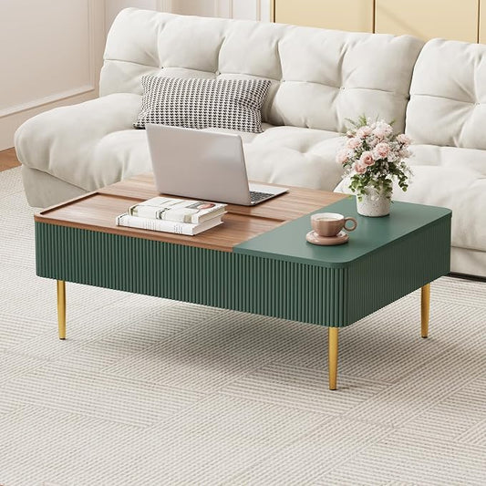 HLR 47" Dual Lift Top Coffee Table with Storage, Modern Wood Fluted Coffee Table with Hidden Compartment,Lift Tabletop Dining Center Table for Living Room, Office (Green)