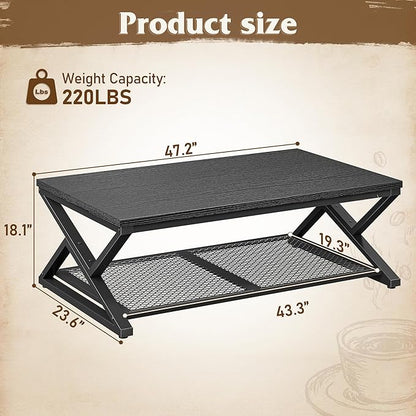 EnHomee Black Coffee Table with Storage, Modern Coffee Tables with Mesh Shelf, 2 Tier Minimalist Industrial Center Table for Living Room, Office, 47.2 Inch, Black Oak