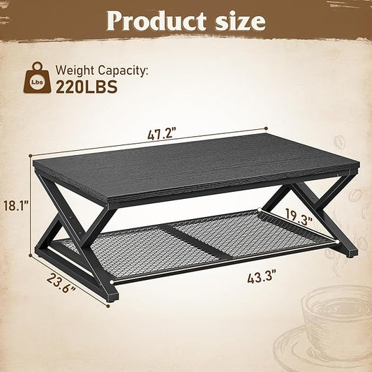 EnHomee Black Coffee Table with Storage, Modern Coffee Tables with Mesh Shelf, 2 Tier Minimalist Industrial Center Table for Living Room, Office, 47.2 Inch, Black Oak