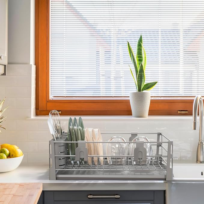Simple Houseware Dish Drying Rack with Drainboard, Utensil Holder & Mug Hooks, Silver Metal Kitchen Counter Organizer