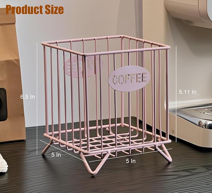 Coffee Pod Holders for Counter, Nespresso Pods Holder, K-Cup Holder, Metal Coffee Pod Basket, Espresso Pods Organizer, Countertop Organizer for Keurig Kcups & Espresso Capsules (Pink)