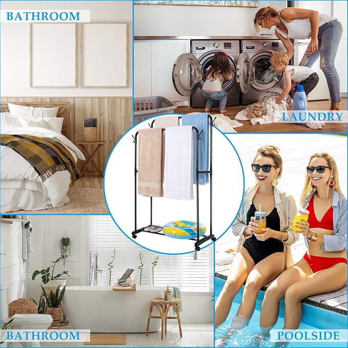 57" H Pool Towel Rack with Wheels for Outdoor 2-Tier Free Standing Towel Drying Rack Metal Heavy Duty Bathroom Pool Accessory Blanket Ladder Storage for Outdoor Spa Bathroom