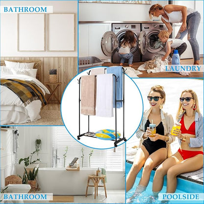 57" H Pool Towel Rack with Wheels for Outdoor 2-Tier Free Standing Towel Drying Rack Metal Heavy Duty Bathroom Pool Accessory Blanket Ladder Storage for Outdoor Spa Bathroom