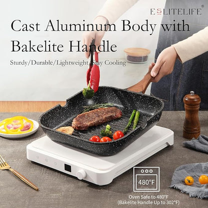 ESLITE LIFE 9.5 Inch Nonstick Grill Pan with Lid for Indoor Cooking, Versatile Induction Square Large Grilling Skillet Steak Pan for Stove Tops, PTFE & PFOA Free, Black