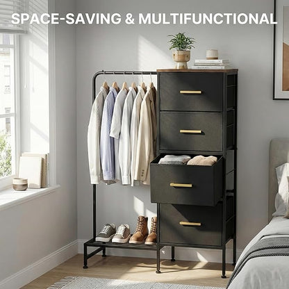 Dresser with Hanging Rack & CFR Certification, Reversible Black Dresser for Bedroom, Kids Chest of Fabric Drawers with Clothes Rack, Small Closet Organizer with Drawers, 44''H