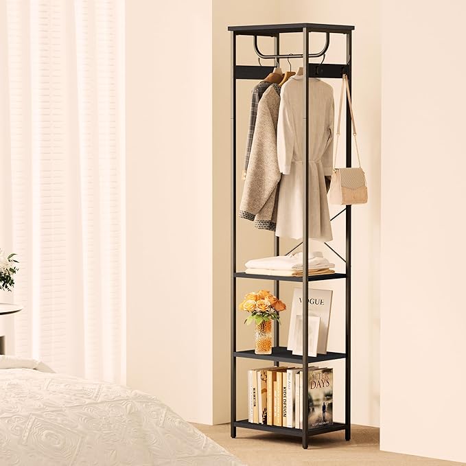 Coat Rack With Hanging Rod, Garment Rack With 3 Wooden Shelves and 4 Hooks, Freestanding Hall Tree, Industrial Clothes Rack Stand Organizer, Black