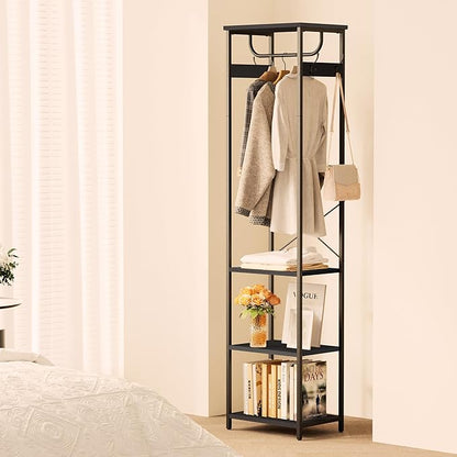 Coat Rack With Hanging Rod, Garment Rack With 3 Wooden Shelves and 4 Hooks, Freestanding Hall Tree, Industrial Clothes Rack Stand Organizer, Black