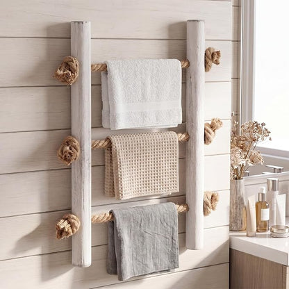 Junkin Ladder Rustic Hand Towel Holder Whitewashed Solid Wood and Rope Farmhouse Bathroom Decor Small Blanket Ladder Wall Mounted Towel Rack for Home Bathroom Decor