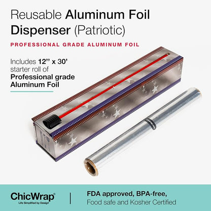 ChicWrap® Patriotic Refillable Aluminum Foil Dispenser - Includes One 12" x 30' roll of Professional Grade Aluminum Foil - BPA Free and Kosher Certified - Reusable Dispenser w/Slide Cutter