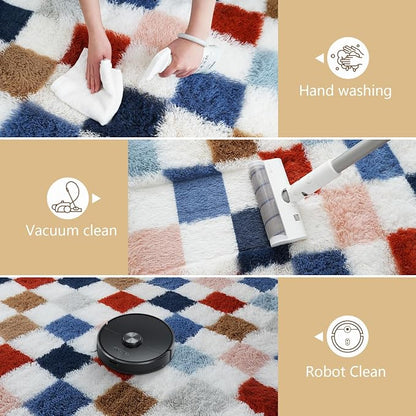 Large Shag Area Rug for Bedroom Living Room,9x12 Fluffy Soft Colorful Checkered Rug Fuzzy Shaggy Bedroom Carpet,Indoor Plush Floor Rugs for Teen Dorm Home Decor