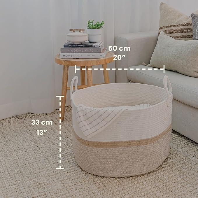 OrganiHaus Large Woven Storage Basket for Blankets and Toys 20" x 13" Inch, Rope Laundry Basket with Handles, Cushions & Pillows Storage Bin, Nursery Hamper, Soft Round Dog Toy Bin - Honey Stripe