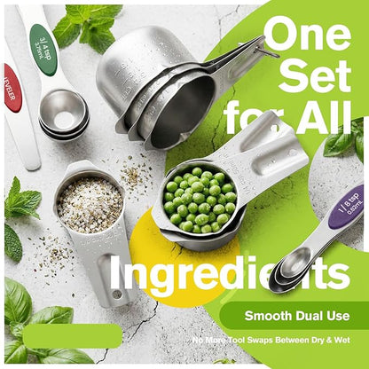 ChefAide Measuring Cups and Spoons Set, 304 Stainless Steel Measuring Cups Set of 7,8 Magnetic Stainless Steel Measuring Spoons & 1 Leveler for for Measure Dry and Liquid Ingredients