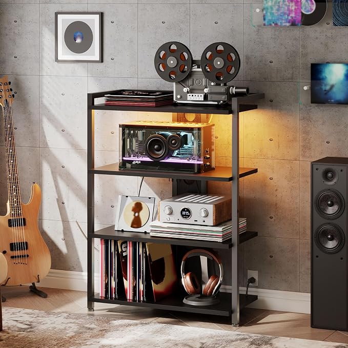 HOOBRO 4-Tier AV Media Stand, Media Console with Charging Station and LED Light, Wooden Stereo Cabinet, Corner TV Stand, Record Player, Entertainment Device Stand, Black BB42UDCJ01