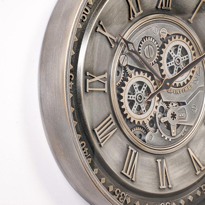 CLXEAST 24 Inch Large Moving Gear Wall Clock for Living Room Decor, Antique Silver Metal Roman Numerals Wall Clocks for Home Office
