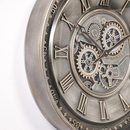 CLXEAST 24 Inch Large Moving Gear Wall Clock for Living Room Decor, Antique Silver Metal Roman Numerals Wall Clocks for Home Office