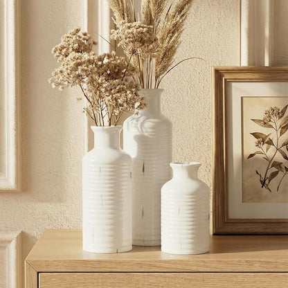 Firehold Ceramic Vase Set of 3, Flower Vases for Home Decor, Neutral Rustic Modern Farmhouse Vase, Decorative Centerpieces for Table Bookshelf Mantel Kitchen Living Room Office