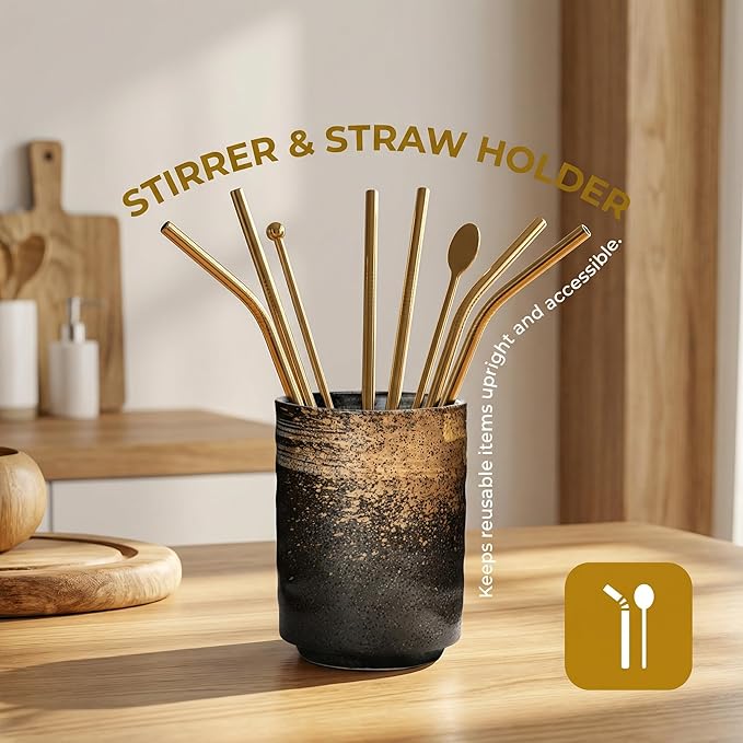 Ceramic Spoon Holder for Coffee Bar, Upright Tea Spoon Holder Cup, Coffee Stirrers Straws Stir Stick Holder, Black Starry Sky