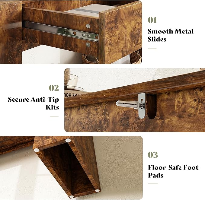 AMERLIFE 63" Burl Wood Console Table, Modern High Gloss Entryway Table with 2 Storage Drawers, Long Sofa Table Behind The Couch for Entrance, Hallway, Foyer, Living Room, Brown