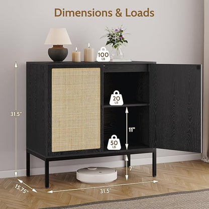 Yechen Set of 2 63" Sideboard Cabinet with Natural Rattan Doors, Buffet Console & Accent Cabinet, Rattan Credenza Storage with Metal Legs for Living Room, Kitchen, Dining Room/Black+Nautural