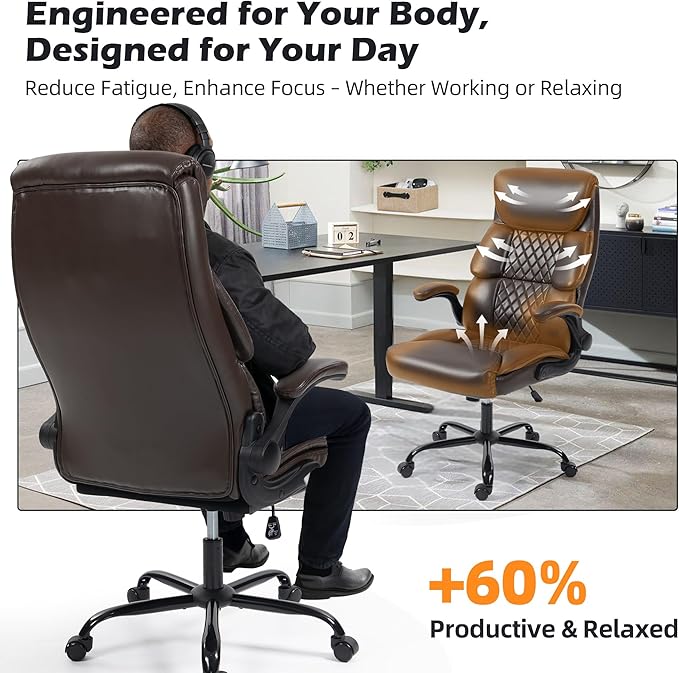 Office Chair - Ergonomic High Back Computer Desk Chair with Rocking Function & Lumbar Support - Executive Comfortable Wide Swivel Rolling Office Leather Chair with Flip-up Armrests for Home Gaming