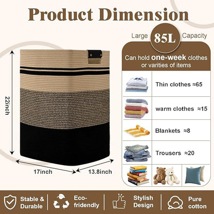 Laundry Hamper, 85L Tall Laundry Basket with Leather Handles, Rectangle Large Clothes Hamper for Organizing, Cotton Woven Laundry Baskets Storage Hampers for Bedroom, Nursery, Living Room