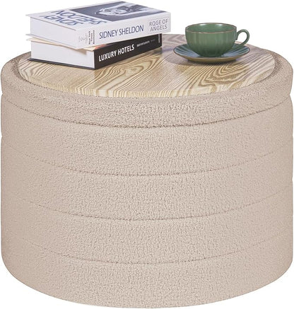 PINPLUS Round Ottoman with Stroage, Boucle Storage, Foot Stool Foldable Coffee Table Ottoman for Living Room, Bedroom, Dorm (Beige)
