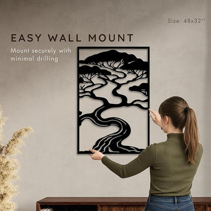 Bonsai Tree Metal Wall Art, Zen Nature Inspired Outdoor & Indoor Decor, Modern Framed Garden Wall Sculpture for Patio, Balcony, Living Room or Entryway (48×32 inches)