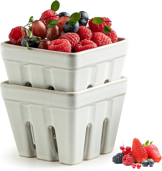 Gomakren Ceramic Berry Basket Set of 2, Square Fruit Bowl with Holes, Small Fruit Basket Containers for Kitchen Counter, Berries, Strawberry, Grape, Cherry, White