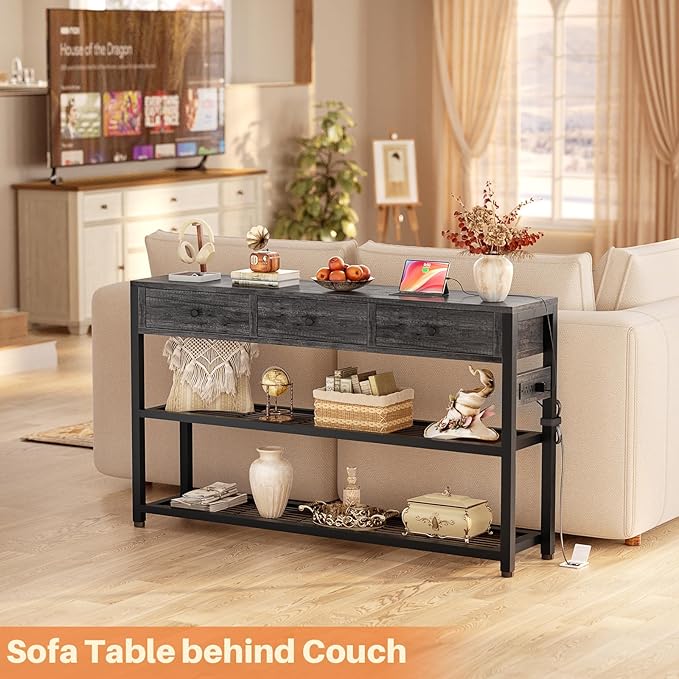Ecoprsio 47'' Entryway Table with Outlets and USB Ports, Console Table with 3 Drawers, Sofa Table Narrow Long with Storage Shelves for Living Room, Couch, Hallway, Foyer, Kitchen Counter, Grey