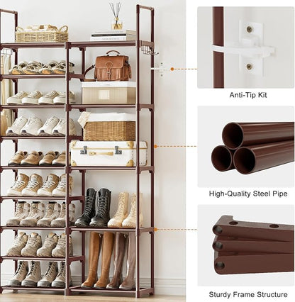 WOWLIVE 9 Tiers Large Shoe Rack Brown Shoe Rack Organizer for Closet 30-35 Pairs Stackable Heavy Duty Shoe Shelf Shoe Storage with Metal Pipes Plastic Connectors