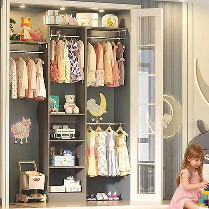 Cyclysio 4FT Small Closet System, 80"H Closet Organizer System with 4 Closets Rods & 3 Shelves, 48" Closets Organizers and Storage for Small Bedrooms, Laundry Rooms, Cloakrooms, Grey