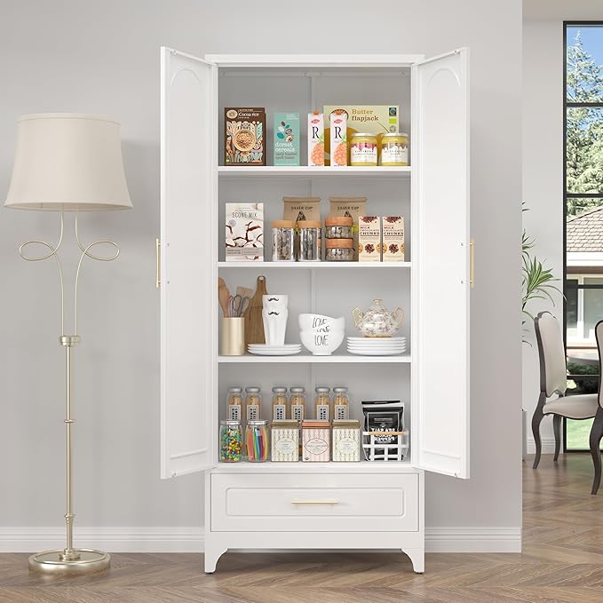 Metal Storage Cabinet with Drawers,75Inch White Pantry Cabinets for Kitchen Storage with 3 Adjustable Shelves,Tall Kitchen Pantry Cabinet for Living Room, Dining Room Office