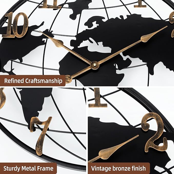 Mee 2ou Large Wall Clock - 24 Inch World Map Minimalist Modern Round Metal Wall Clock Silent Non-Ticking Battery Operated Wall Clocks for Living Room Kitchen Office Farmhouse Home Decor