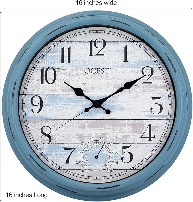 OCEST 16 Inch Indoor Outdoor Clock, Waterproof Large Wall Clock with Thermometer, Silent Non-Ticking Battery Operated Decor for Patio Pool Porch Garden Garage（Blue）