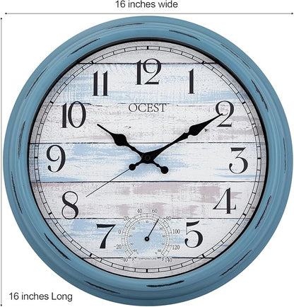 OCEST 16 Inch Indoor Outdoor Clock, Waterproof Large Wall Clock with Thermometer, Silent Non-Ticking Battery Operated Decor for Patio Pool Porch Garden Garage（Blue）