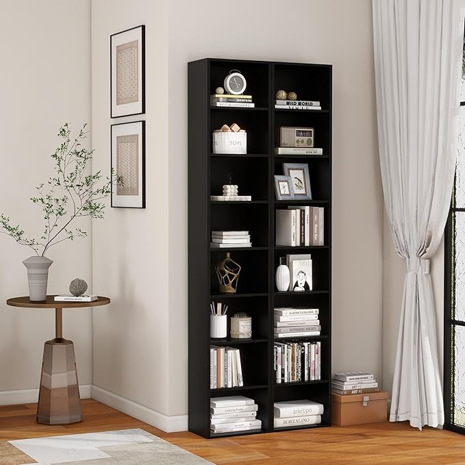 Panana 8 Tier Storage Shelf Bookcase, Slim Organizer Shelves Cabinet Tall Narrow Media Tower Rack Display Bookshelf for Home Office (Black)