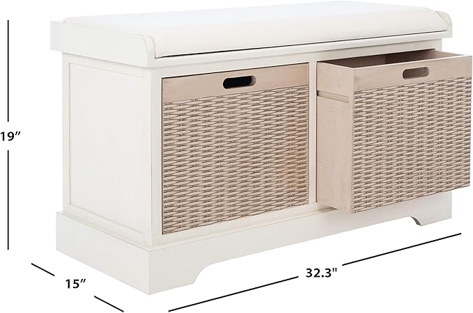 Safavieh Home Collection Landers Distressed White 2-Drawer/Cushion Storage Bench (Fully Assembled) BCH5702A