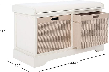 Safavieh Home Collection Landers Distressed White 2-Drawer/Cushion Storage Bench (Fully Assembled) BCH5702A