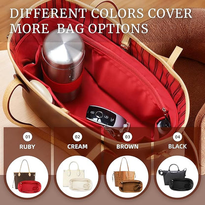 Purse Organizer Insert, Satin Tote Bag Organizer with 8 Sizes, Handbag Dividers for Inside Purse, Compatible with Longchamp, Neverful, 25C Hobo and More Bags（Slender Medium,Ruby）
