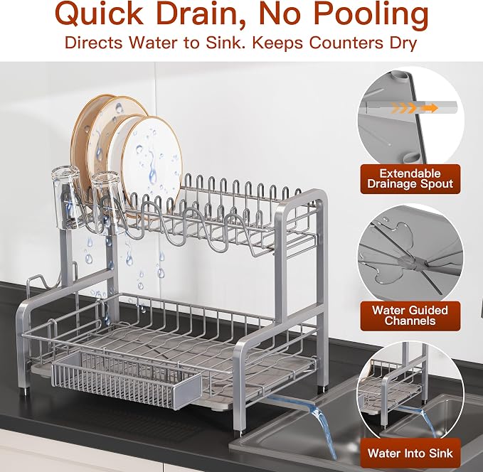BOOSINY 2 Tier Dish Drainer Drying Rack for Kitchen Counter, Large Stainless Steel Dish Dryer with Drainboard, Big Rustproof Metal Space Saving Countertop Plate Strainer with Utensil Holder, Sliver
